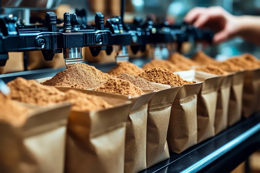 Pea protein powder being filled into kraft pouches on a production line