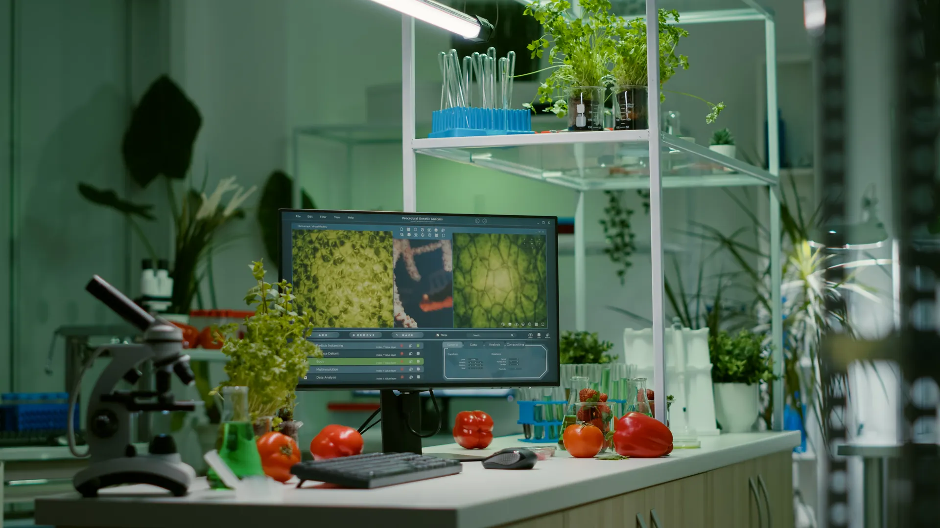 A food science lab bench with a microscope, plant samples and a monitor running a protein analysis