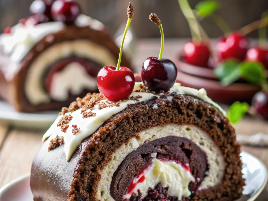 A slice of chocolate cream roll cake topped with fresh cherries