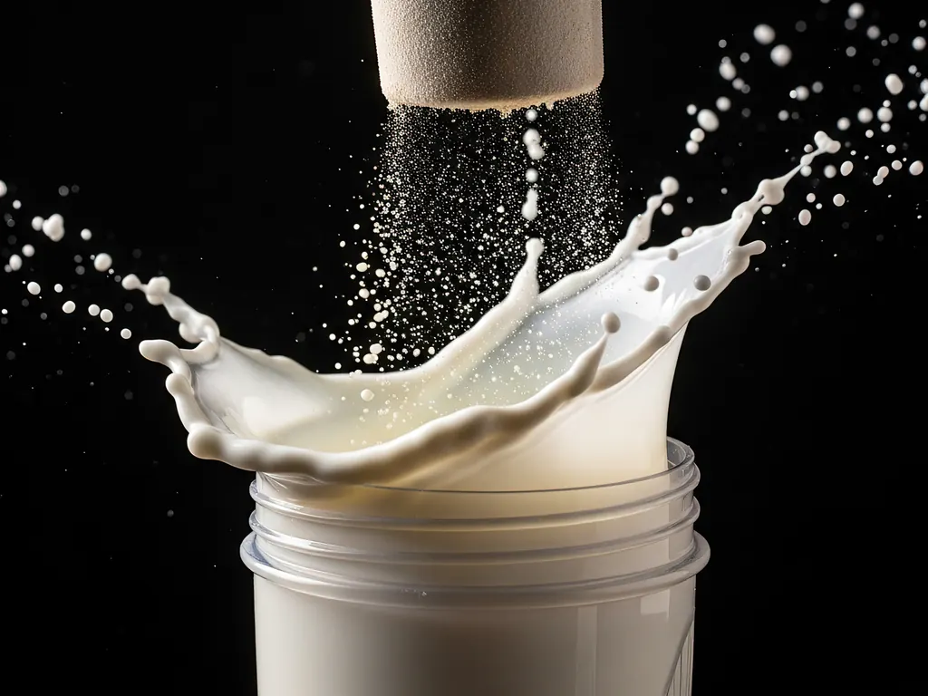 Protein powder poured into a bottle of milk, splashing over the rim