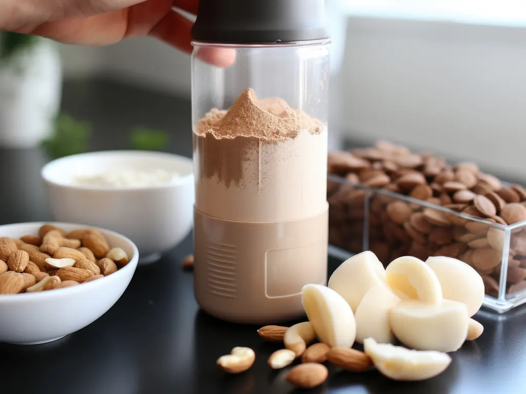 Chocolate protein powder in a shaker bottle beside almonds, cashews and cacao