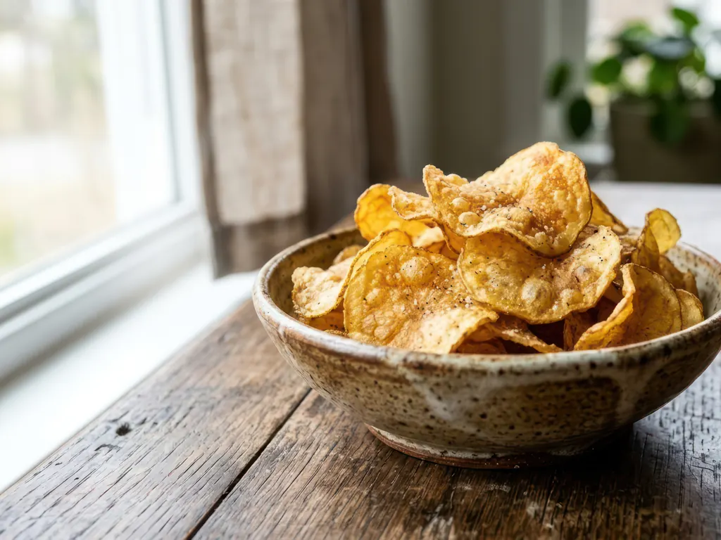 A ceramic bowl of seasoned potato chips on a wooden table by a window