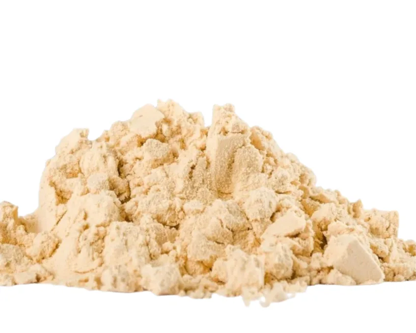 A mound of cream-coloured pea protein isolate powder on a white background