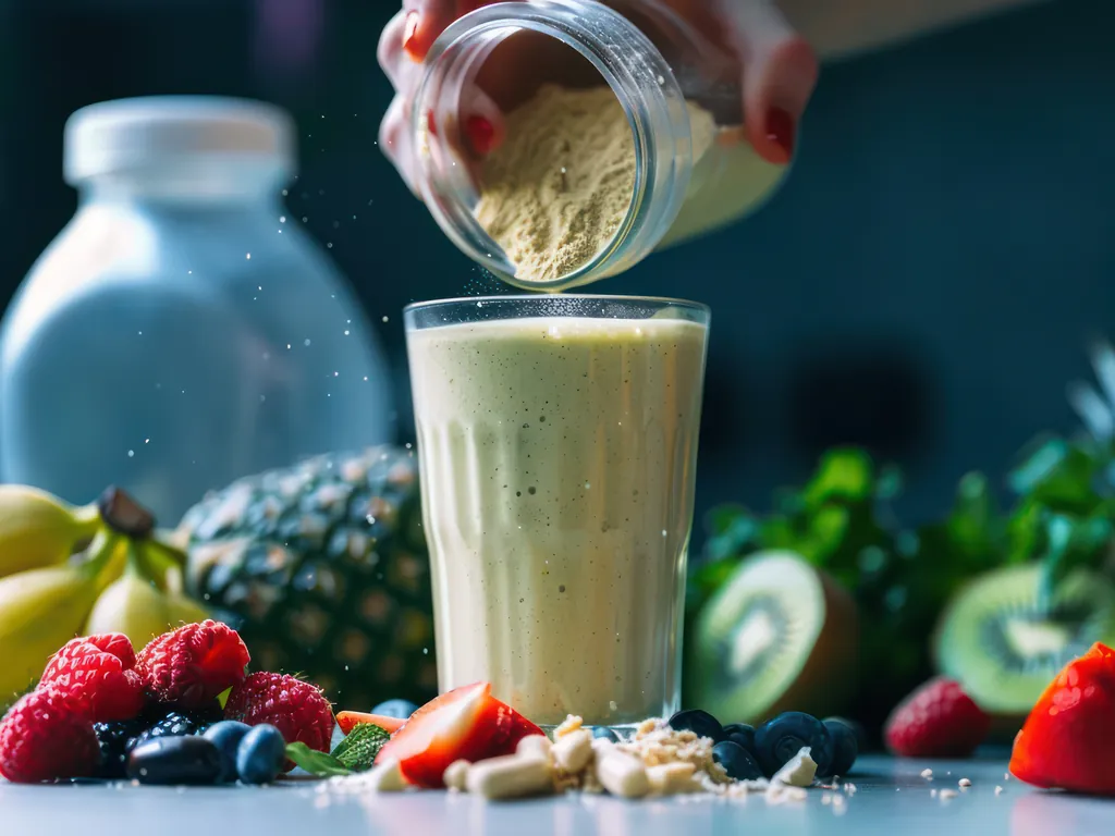 Protein powder being poured from a jar into a glass of shake, surrounded by fresh fruit